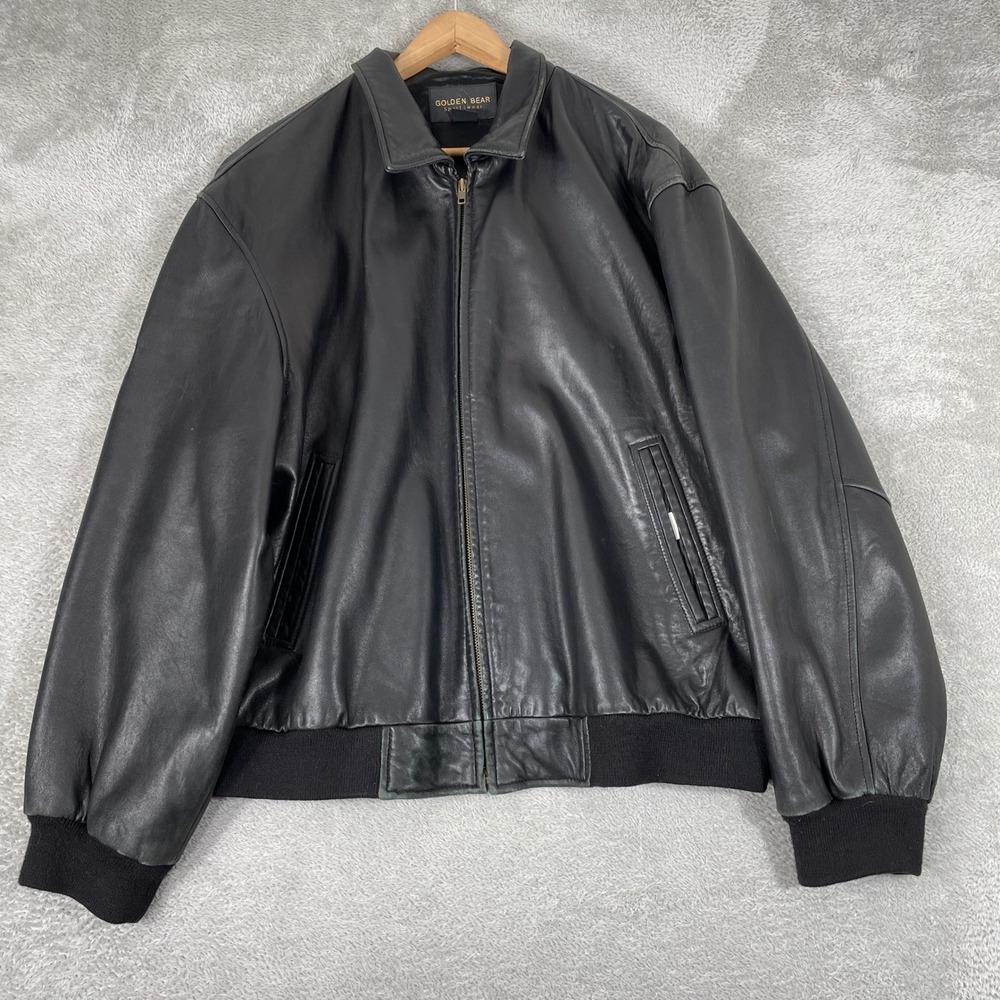 Golden Bear Bomber Jacket Mens XL Black Leather Full Zip Ribbed Trim Classic